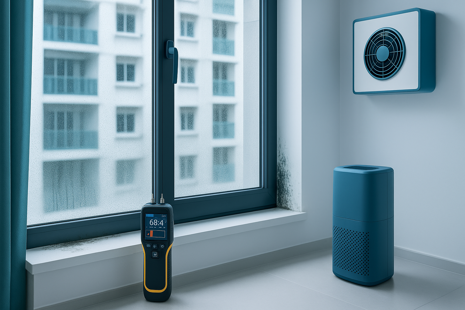 Window condensation in Singapore home showing moisture droplets